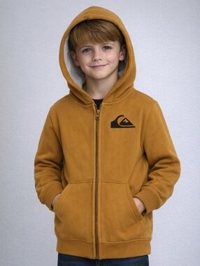 Quicksilver Hoodie Jacket Youth Size 7/8 Brown Logo Lined EUC Sherpa Lined